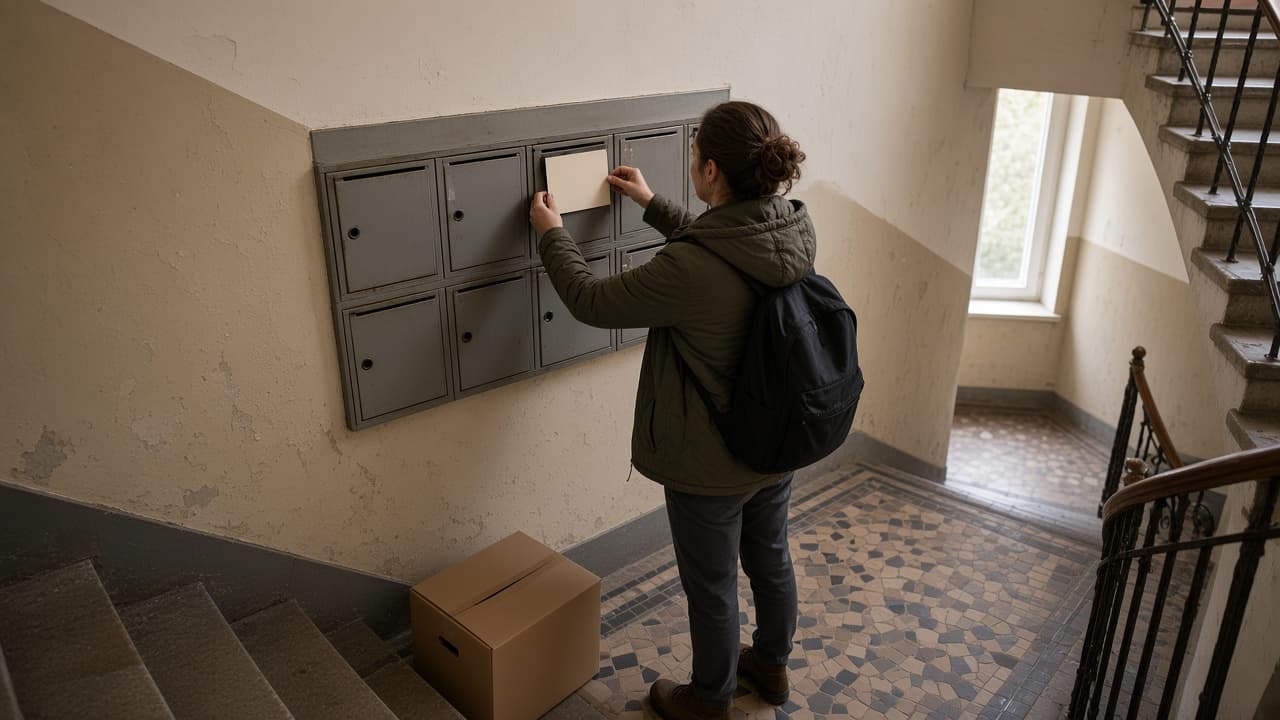 Taşınma günü apartman posta kutusuna isim etiketi yapıştıran kişi